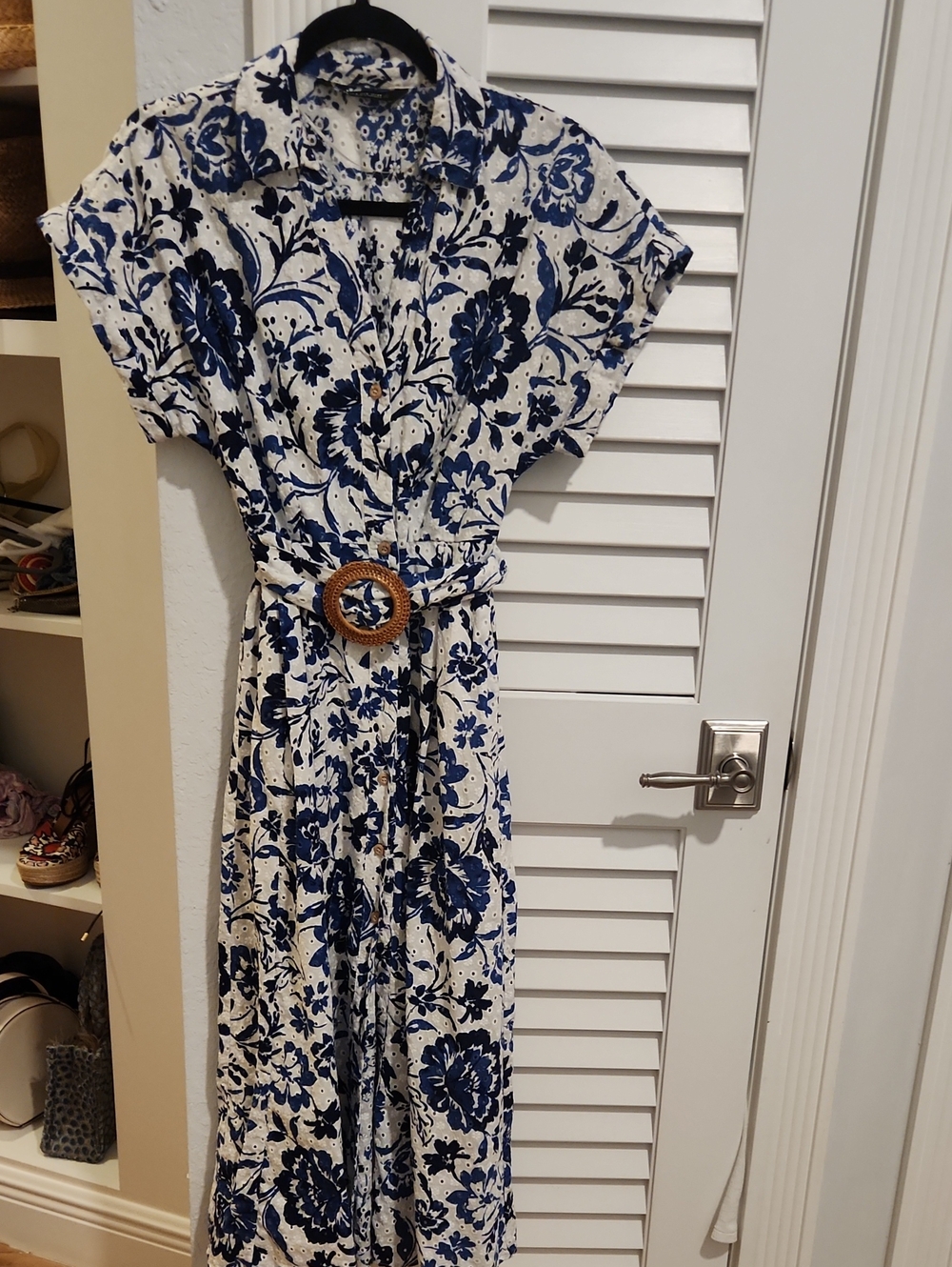 Zara Navy and White Floral Maxi Dress with Belt